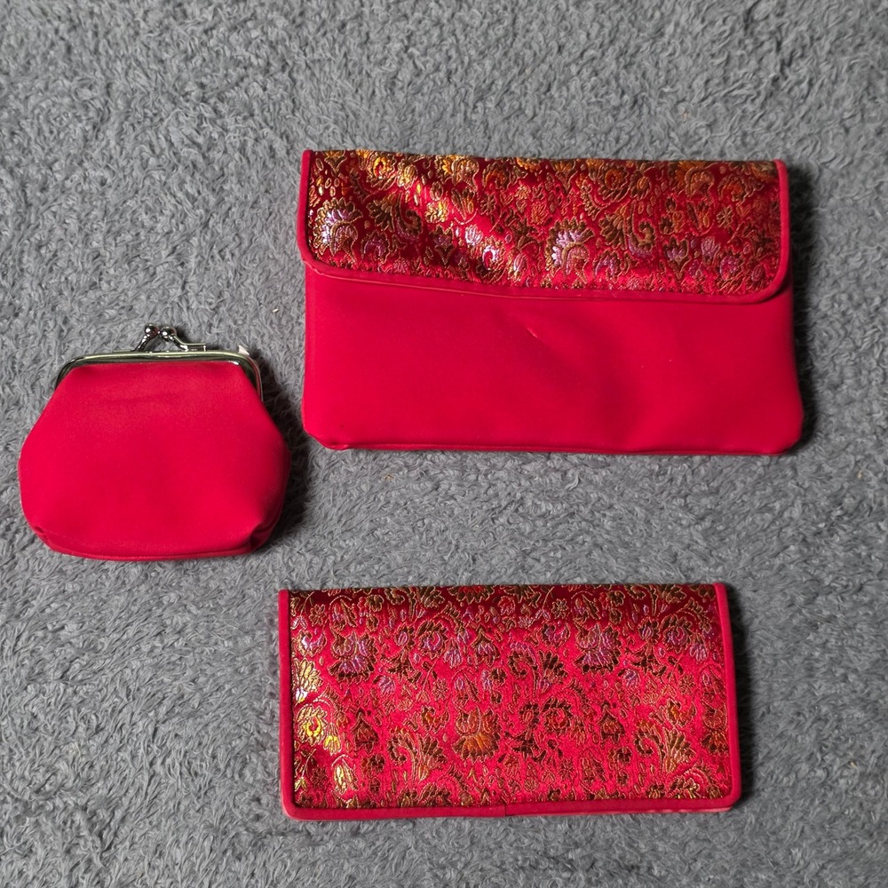 Vintage 3pc Accessory Set Red Gold Brocade Floral Clutch Wallet
